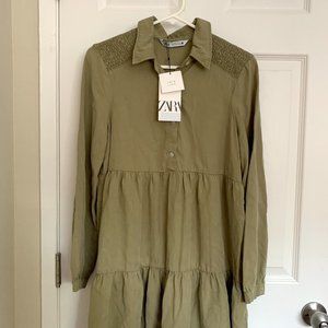 NWT Zara LYOCELL KHAKI TIERED MINI DRESS SIZE S